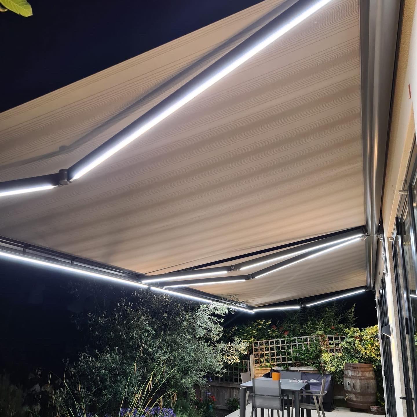 Close up of an awning cassette with integrated LED lighting strip