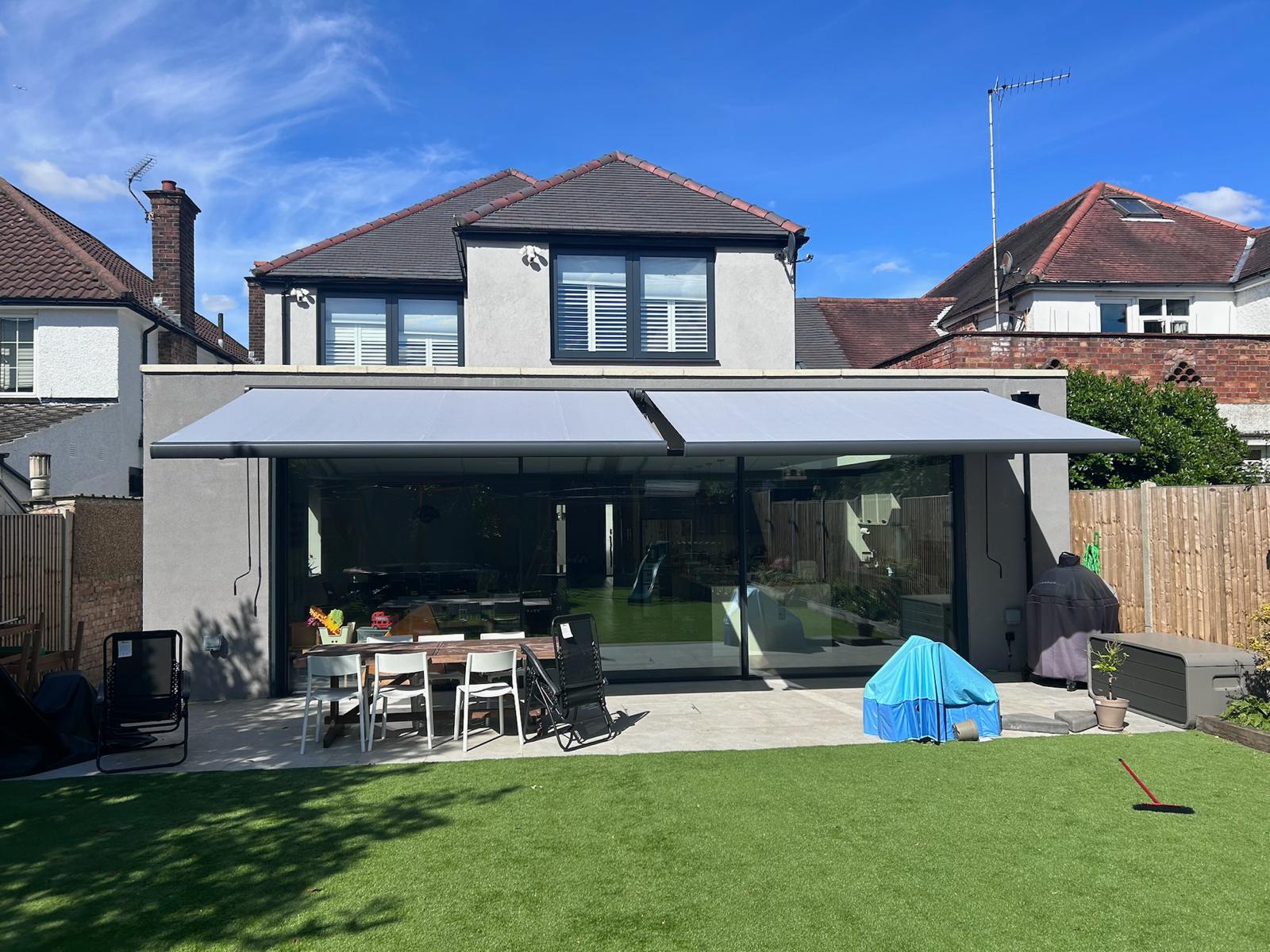 Close up of striped acrylic awning fabric stretched over an aluminium front bar